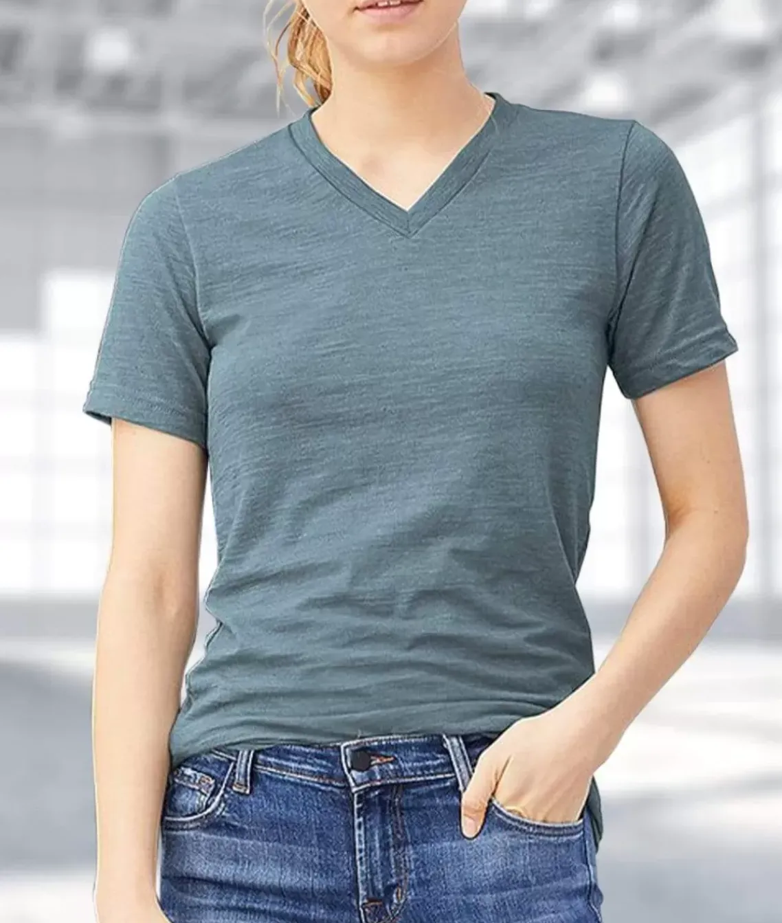 Women'S Short Sleeve Slub Jersey V-Neck T-Shirt